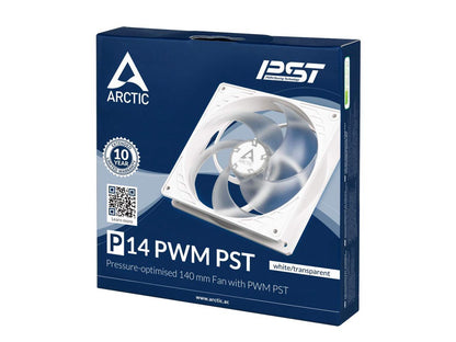 ARCTIC P14 PWM PST - 140 mm Case Fan with PWM Sharing Technology (PST), Pressure-optimised, Very Quiet Motor, Computer, Fan Speed: 200-1700 RPM - White/Transparent