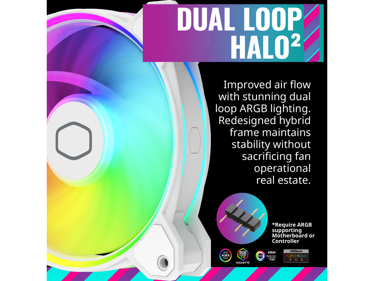 Cooler Master MasterFan MF120 Halo² White Fan, Duo-Ring ARGB Gen 2 LED Rings, 120mm 2050rpm Dynamic PWM, Enlarged Fan Blades, Hybrid Frame For PC Case, Liquid and Air Cooler (MFL-B2DW-21NP2-R2)