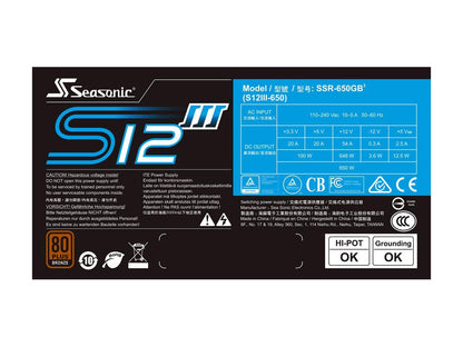 Seasonic S12III 650 SSR-650GB3 650W 80+ Bronze, ATX12V & EPS12V, Direct Output, Smart & Silent Fan Control, 5 yr Warranty Power Supply