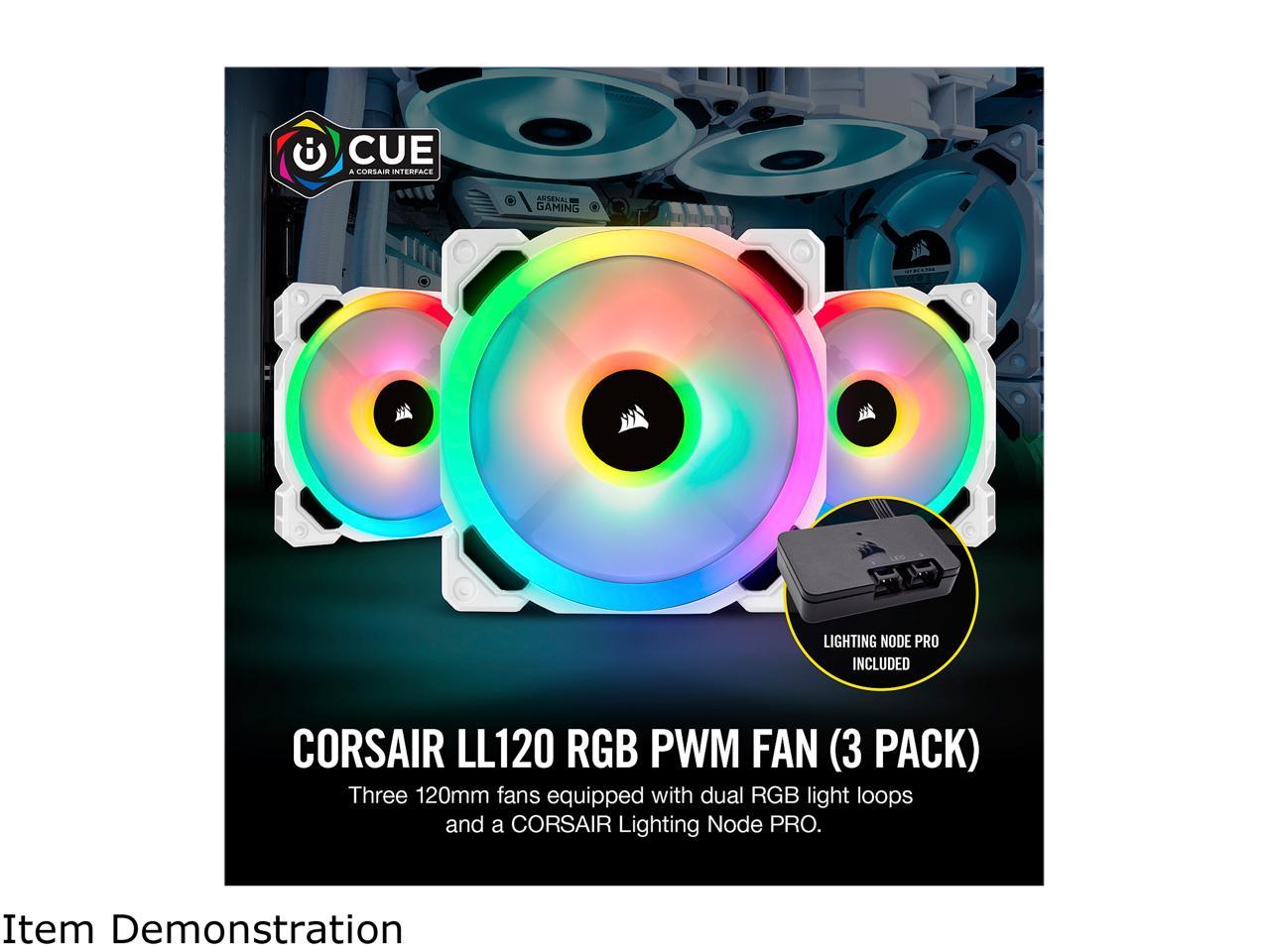 Corsair LL Series CO-9050092-WW LL120 RGB, 120mm Dual Light Loop RGB LED PWM Fan, 3 Fan Pack with Lighting Node PRO, White