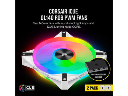 CORSAIR QL Series, iCUE QL140 RGB, 140mm RGB LED PWM White Fan, Dual Fan Kit with Lighting Node CORE - CO-9050106-WW