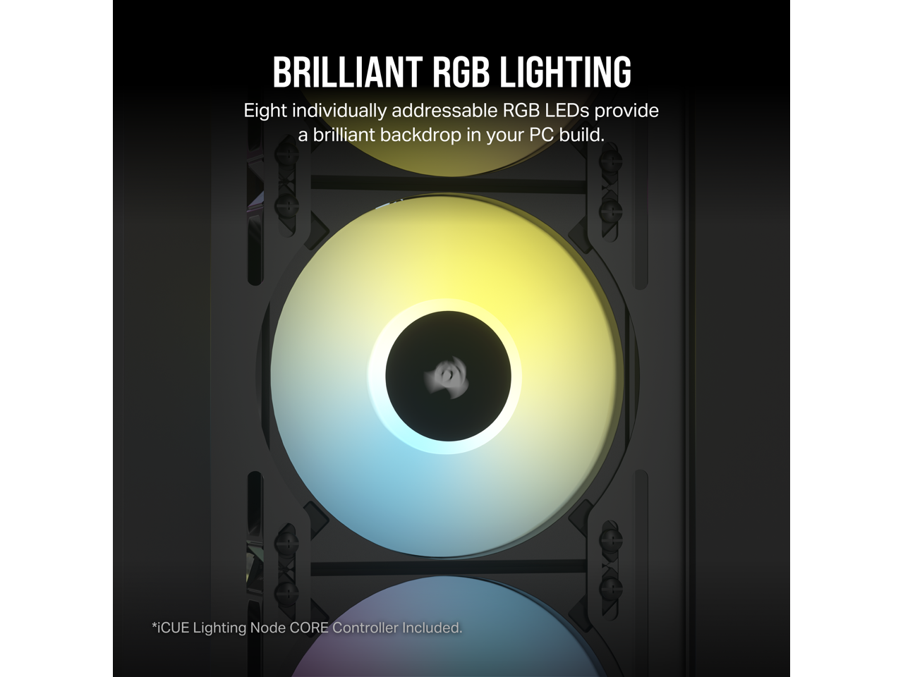 CORSAIR iCUE AF120 RGB ELITE 120mm PWM Triple Fan Kit - Eight RGB LEDs Per Fan - Included iCUE Lighting Node CORE Controller - AirGuide Technology