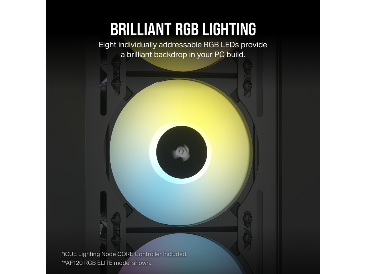 CORSAIR iCUE AF140 RGB ELITE 140mm PWM Dual Fan Kit - Eight RGB LEDs Per Fan - Included iCUE Lighting Node CORE Controller - AirGuide Technology