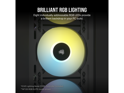 CORSAIR iCUE AF140 RGB ELITE 140mm PWM Dual Fan Kit - Eight RGB LEDs Per Fan - Included iCUE Lighting Node CORE Controller - AirGuide Technology