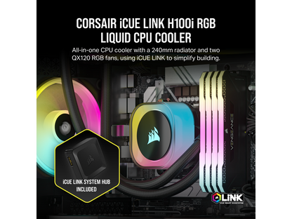 CORSAIR iCUE LINK H100i RGB Liquid CPU Cooler - QX120 RGB Fans - 240mm Radiator - Fits Intel® LGA 1700, AMD® AM5 - iCUE LINK System Hub Included