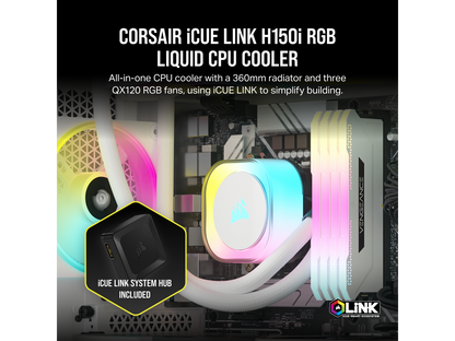 CORSAIR iCUE LINK H150i RGB Liquid CPU Cooler - QX120 RGB Fans - White - 360mm Radiator - Fits Intel® LGA 1700, AMD® AM5 - iCUE LINK System Hub Included