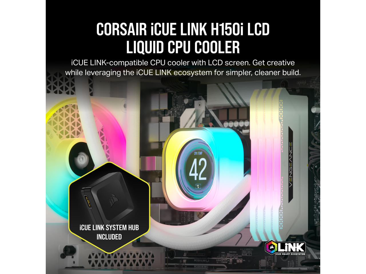 CORSAIR iCUE LINK H150i LCD Liquid CPU Cooler - QX120 RGB Fans - White - 360mm Radiator - Fits Intel LGA 1700, AMD AM5 - iCUE LINK System Hub Included