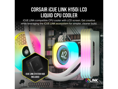 CORSAIR iCUE LINK H150i LCD Liquid CPU Cooler - QX120 RGB Fans - White - 360mm Radiator - Fits Intel LGA 1700, AMD AM5 - iCUE LINK System Hub Included