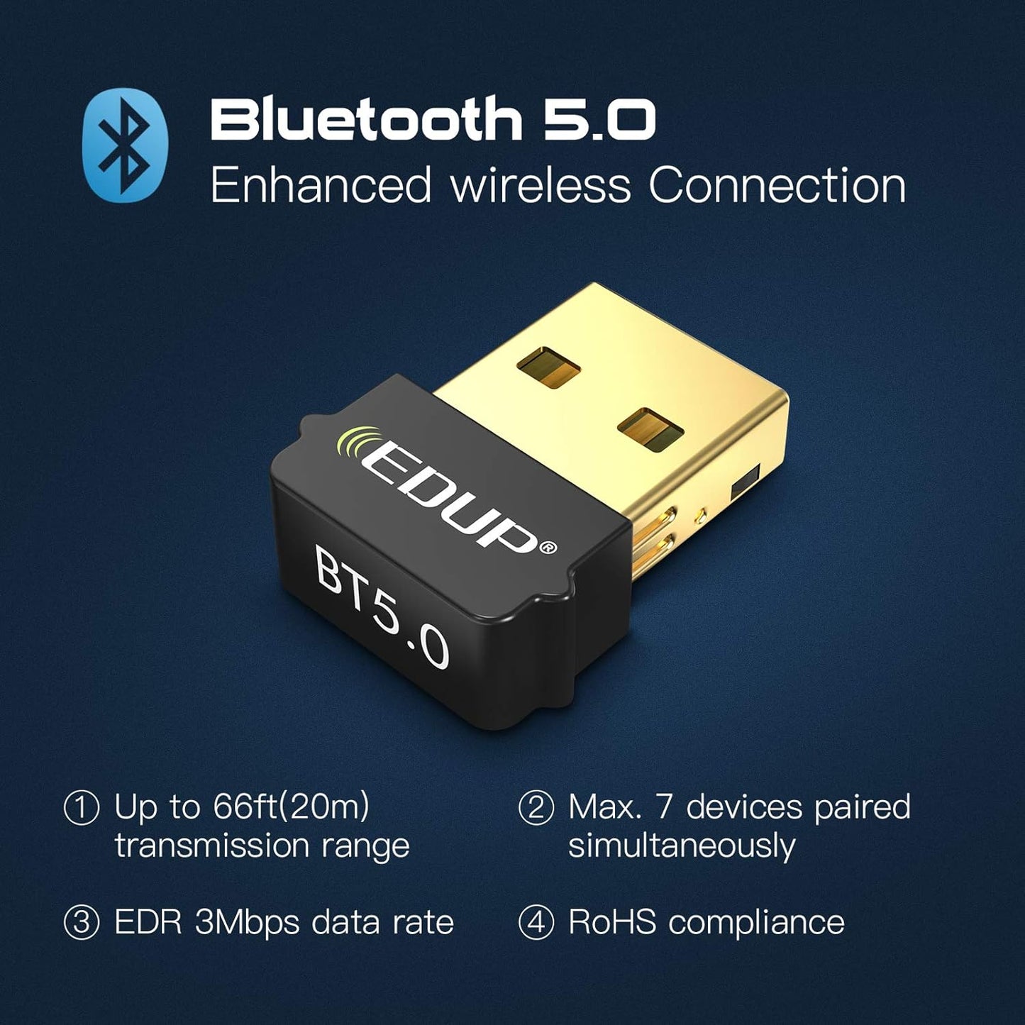 EDUP Mini USB Bluetooth 5.0 Adapter for PC, USB 2.0 Bluetooth EDR Dongle for Desktop/PC/Laptop, 66ft/20M Transmission Range, BT 5.0 Adapter Support Windows 10/8.1/8 /7 (Need Installed Driver) EP-B3519