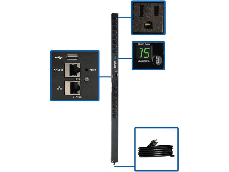 Tripp Lite 1.4 kWatts Single-Phase Switched PDU with LX Platform Interface, 120V Outlets (16 x 5-15R), 10.0 Feet Cord w/5-15P, 0U, TAA (PDUMV15NETLX)