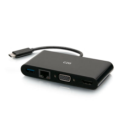 C2G USB C to HDMI, VGA, USB A & RJ45 Adapter - 4K 30Hz - Black