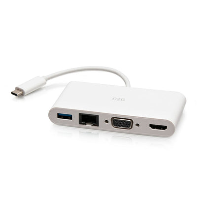 C2G USB C to HDMI, VGA, USB A & RJ45 Adapter - 4K 30Hz - White