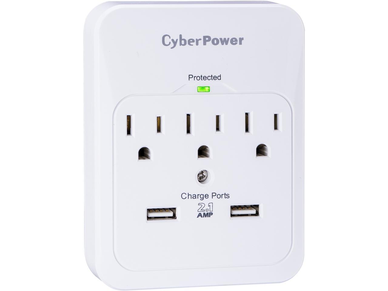 CyberPower CSP300WUR1 Surge Protector 3-AC Outlet with 2 USB Charging Ports