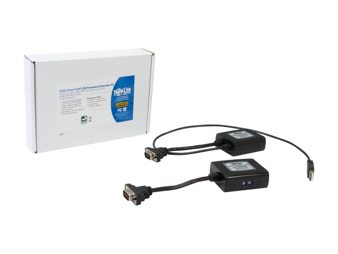 Tripp Lite VGA over Cat5/Cat6 Extender Kit, Transmitter and Receiver, USB-Powered, 1920x1440 at 60Hz B130-101-U