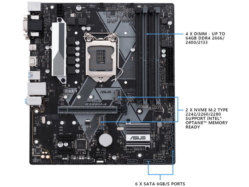 ASUS PRIME B365M-A LGA-1151 Support 9th/8th Gen Intel Processor with Aura Sync RGB Header, DDR4 2666 MHz, M.2 Support, HDMI, SATA 6Gbps mATX Motherboard