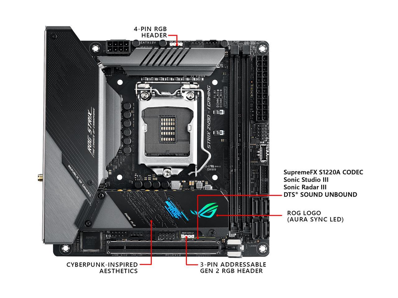 ASUS ROG STRIX Z490-I GAMING (WiFi 6) LGA 1200 (Intel 10th Gen) Intel Z490 SATA 6Gb/s Mini ITX Intel Motherboard (8+2 Power Stages, DDR4 4800, Intel 2.5Gb Ethernet, USB 3.2 Front Panel Type-C, HDMI 2.0a and AURA Sync)