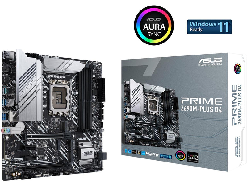 ASUS Prime Z690M-Plus D4 LGA 1700(Intel® 12th&13th Gen) microATX motherboard (PCIe 5.0,DDR4,10+1 Power Stages,3x M.2,1Gb LAN,USB 3.2 Gen 2x2 Type-C®,front USB 3.2 Gen 1 Type-C®connector,Thunderbolt™ 4 support,Arua Sync)