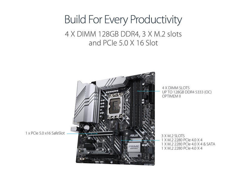 ASUS Prime Z690M-Plus D4 LGA 1700(Intel® 12th&13th Gen) microATX motherboard (PCIe 5.0,DDR4,10+1 Power Stages,3x M.2,1Gb LAN,USB 3.2 Gen 2x2 Type-C®,front USB 3.2 Gen 1 Type-C®connector,Thunderbolt™ 4 support,Arua Sync)