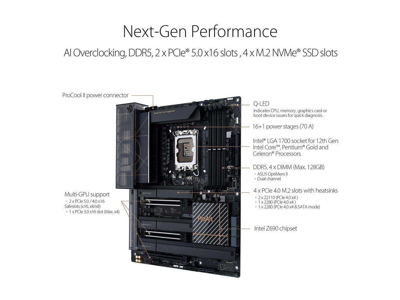 ASUS ProArt Z690-Creator WiFi 6E LGA 1700(Intel® 12th&13th Gen) ATX content creator motherboard(PCIe 5.0,DDR5,2x Thunderbolt™ 4 Type-C ports,10G&2.5G LAN,4xM.2/NVMe SSD,front panel USB 3.2 Gen2x2 Type-C ports with 60W fast charging support)