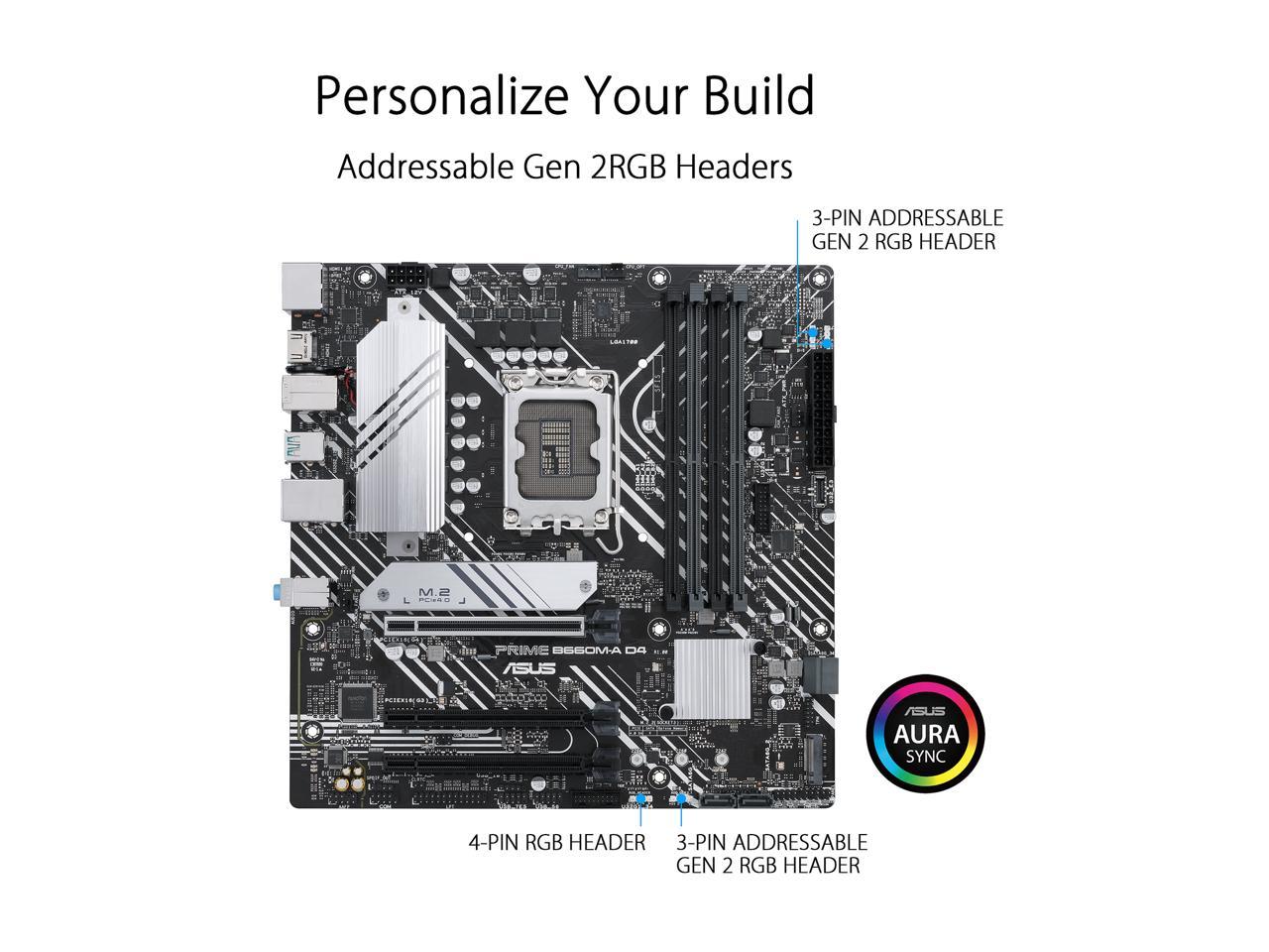 ASUS PRIME B660M-A D4 LGA 1700 (Intel 12th & 13th Gen) mATX Motherboard (PCIe 4.0, DDR4, 2xM.2 slots, 1Gb LAN, DP, 2 x HDMI, rear USB 3.2 Gen 2, front USB 3.2 Gen 1 Type-C, Aura Sync)