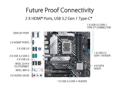 ASUS PRIME B660M-A WIFI D4 LGA 1700 (Intel 12th & 13th Gen) mATX Motherboard (PCIe 4.0, Intel Wi-Fi 6, DDR4, 2xM.2 slots, 1Gb LAN, DP, 2x HDMI, rear USB 3.2 Gen 2, front USB 3.2 Gen 1 Type-C, Aura Sync)
