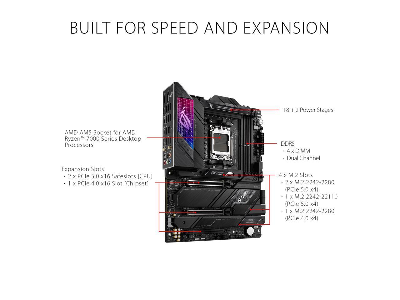ASUS ROG STRIX X670E-E GAMING WIFI 6E Socket AM5 (LGA 1718) Ryzen 7000 ATX gaming motherboard(18+2 power stages,PCIe 5.0, DDR5 support, four M.2 slots with heatsinks, USB 3.2 Gen 2x2, WiFi 6E, AI Cooling II,PCIe Slot Q-Release, M.2 Q-Latch)