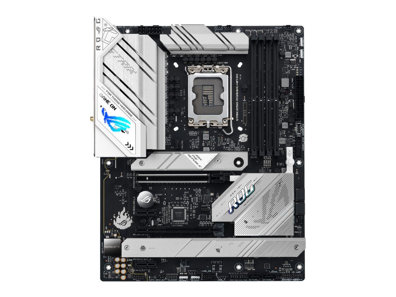 ASUS ROG Strix B760-A Gaming WiFi D4 Intel B760 (13th and 12th Gen) LGA 1700 white ATX motherboard, 12 + 1 power stages, DDR4, PCIe 5.0, three M.2 slots, WiFi 6E, USB 3.2 Gen 2x2 Type-C, and Aura Sync RGB