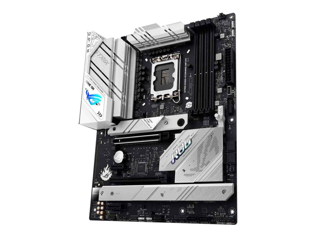 ASUS ROG Strix B760-A Gaming WiFi D4 Intel B760 (13th and 12th Gen) LGA 1700 white ATX motherboard, 12 + 1 power stages, DDR4, PCIe 5.0, three M.2 slots, WiFi 6E, USB 3.2 Gen 2x2 Type-C, and Aura Sync RGB