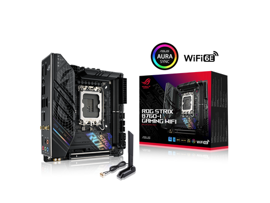 ASUS ROG Strix B760-I Gaming WiFi Intel B760(13th and 12th Gen) LGA 1700 mini-ITX motherboard, 8 + 1 power stages, DDR5 up to 7600 MT/s, PCIe 5.0, two M.2 slots, WiFi 6E, USB 3.2 Gen 2x2 Type-C, and Aura Sync RGB