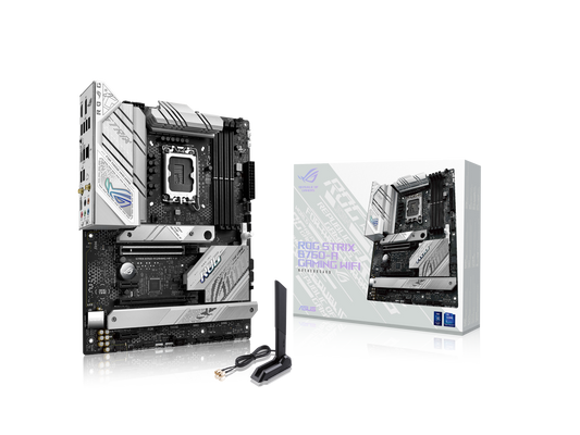 ASUS ROG Strix B760-A Gaming WiFi Intel B760 (13th and 12th Gen) LGA 1700 white ATX motherboard, 12 + 1 power stages, DDR5, PCIe 5.0,three M.2 slots, WiFi 6E, USB 3.2 Gen 2x2 Type-C, and Aura Sync RGB