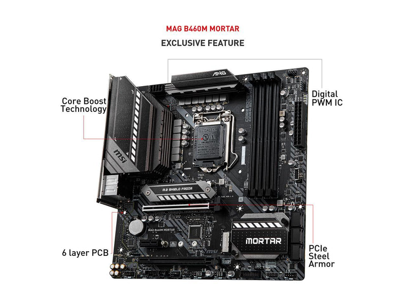 MSI MAG B460M MORTAR LGA 1200 Intel B460 SATA 6Gb/s Micro ATX Intel Motherboard
