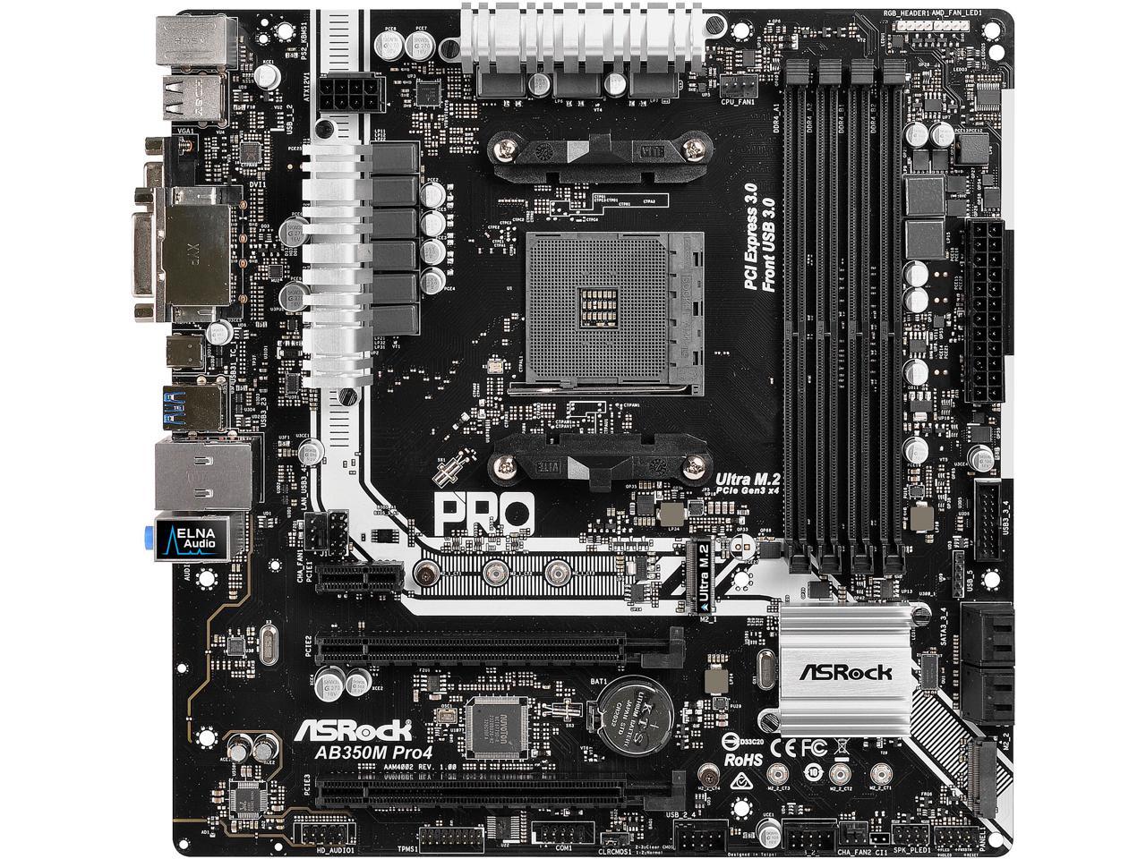 ASRock AB350M Pro4 AM4 AMD Promontory B350 SATA 6Gb/s USB 3.1 HDMI Micro ATX AMD Motherboard
