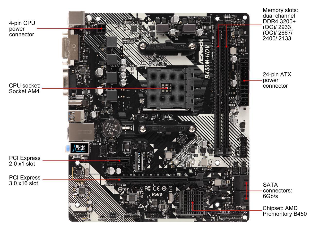 ASRock B450M-HDV R4.0 AM4 AMD Promontory B450 SATA 6Gb/s Micro ATX AMD Motherboard