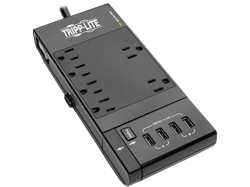 Tripp Lite Protect It! 6-Outlet Surge Protector, 4 USB Ports, 6.0 Feet Cord, 1080 Joules, Diagnostic LED, Black Housing (TLP66USBR)