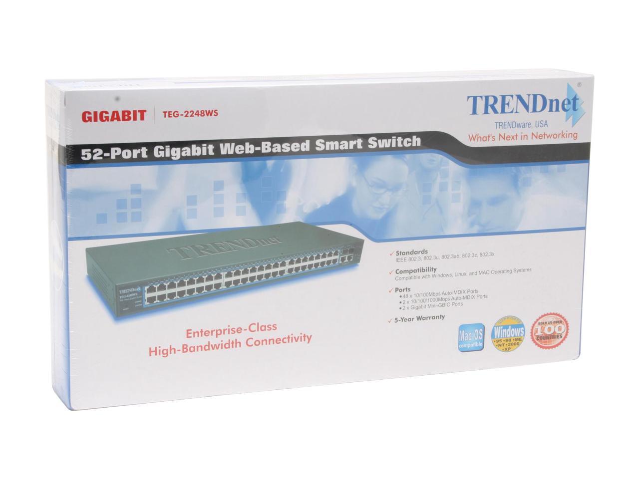 TRENDnet 48-Port 10/100 Mbps Ethernet and 4-Port Gigabit Web Smart Switch with 2 Mini-GBIC Slots, TEG-2248WS. Limited Life Time Warranty