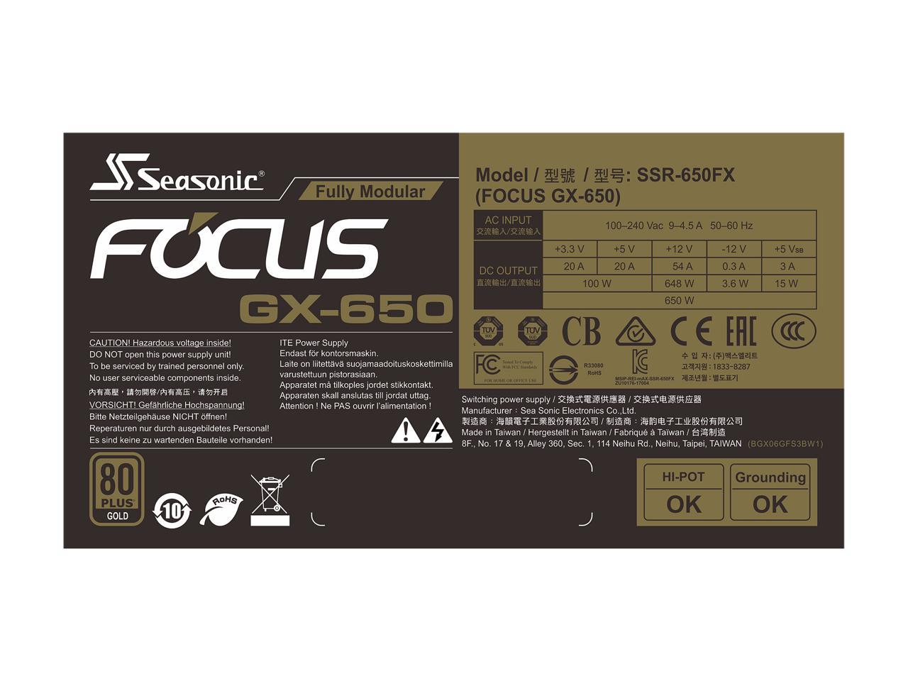 Seasonic FOCUS GX-650, 650W 80+ Gold, Full-Modular, Fan Control in Fanless, Silent, and Cooling Mode, 10 Year Warranty, Perfect Power Supply for Gaming and Various Application, SSR-650FX.