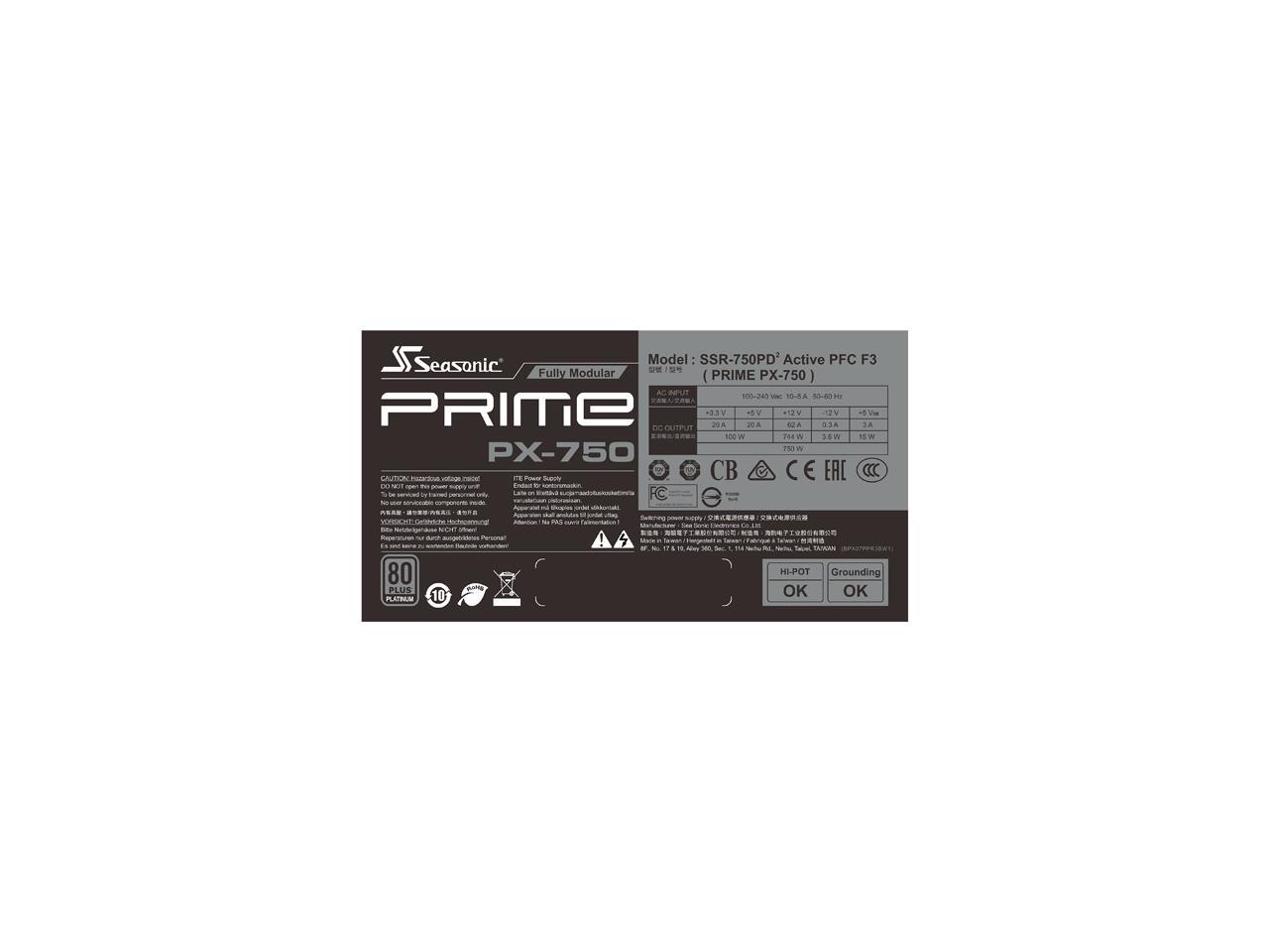 Seasonic PRIME PX-750, 750W 80+ Platinum, Full Modular, Fan Control in Fanless, Silent, and Cooling Mode, 12 Year Warranty, Perfect Power Supply for Gaming and High-Performance Systems, SSR-750PD2.