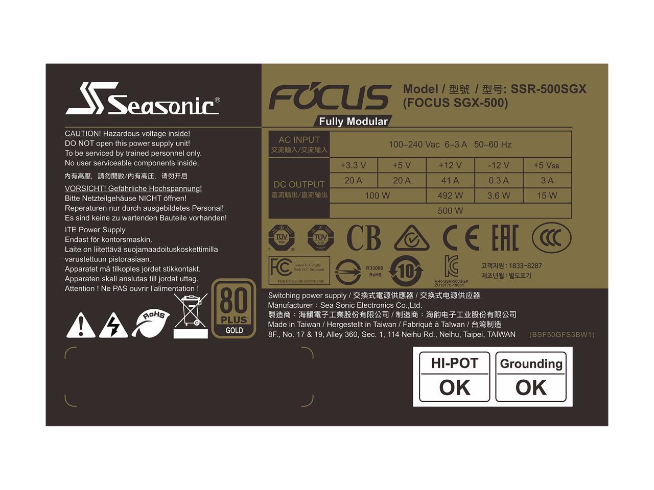 Seasonic FOCUS SGX-500, 500W 80+ Gold, Full-Modular, SFX-L Form Factor, Compact Size, Fan Control in Fanless, Silent, and Cooling Mode, 10 Year Warranty, Power Supply, SSR-500SGX.
