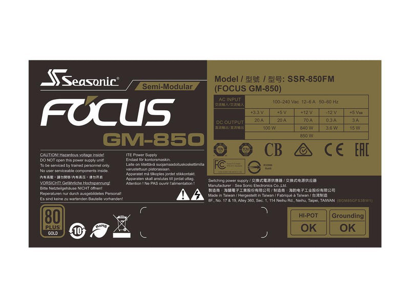 Seasonic FOCUS GM-850, 850W 80+ Gold, Semi-Modular, Fits All ATX Systems, Fan Control in Silent and Cooling Mode, 7 Year Warranty, Perfect Power Supply for Gaming and Various Application