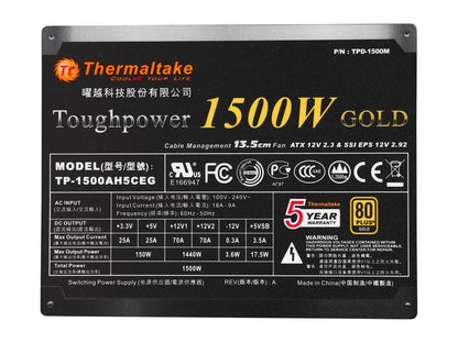 Thermaltake Toughpower 1500W SLI/CrossFire Ready ATX 12V V2.3 / EPS 12V v2.92 80 PLUS GOLD Certified 7 Year Warranty Full Modular Active PFC Power Supply Haswell Ready PS-TPD-1500MPCGUS-1