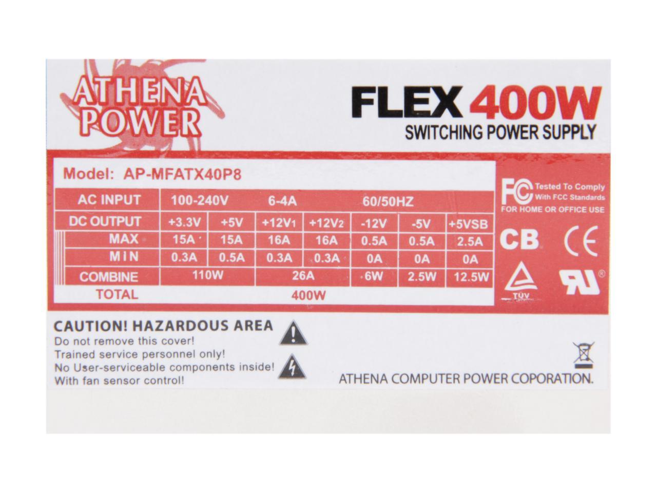 Athena Power AP-MFATX40P8 20+4Pin 400W Single Server Power Supply 80+ Bronze Certified