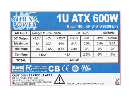 Athena Power AP-U1ATX6020FEP8 600W 1U Single Standard Length (200mm) EPS12V/ATX12V IPC Sever Power Supply - 80PLUS Bronze - ActivePFC - OEM