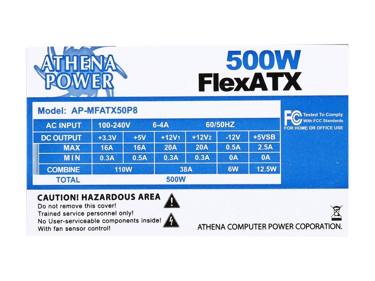 Athena Power AP-MFATX50P8 500W FlexATX Single Standard Length (150mm) EPS12V/ATX12V mini-ITX/1U IPC/GPU Server Power Supply - 80PLUS Silver Certified - ActivePFC - OEM