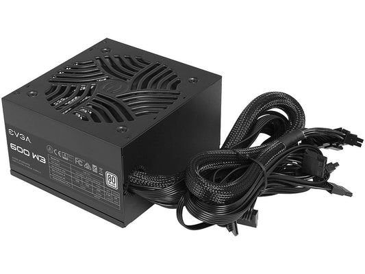 EVGA 600 W3, 80+ White 600W, Compact 140mm Size, Non-Modular Active PFC Power Supply, 3 Year Warranty, 100-W3-0600-K1