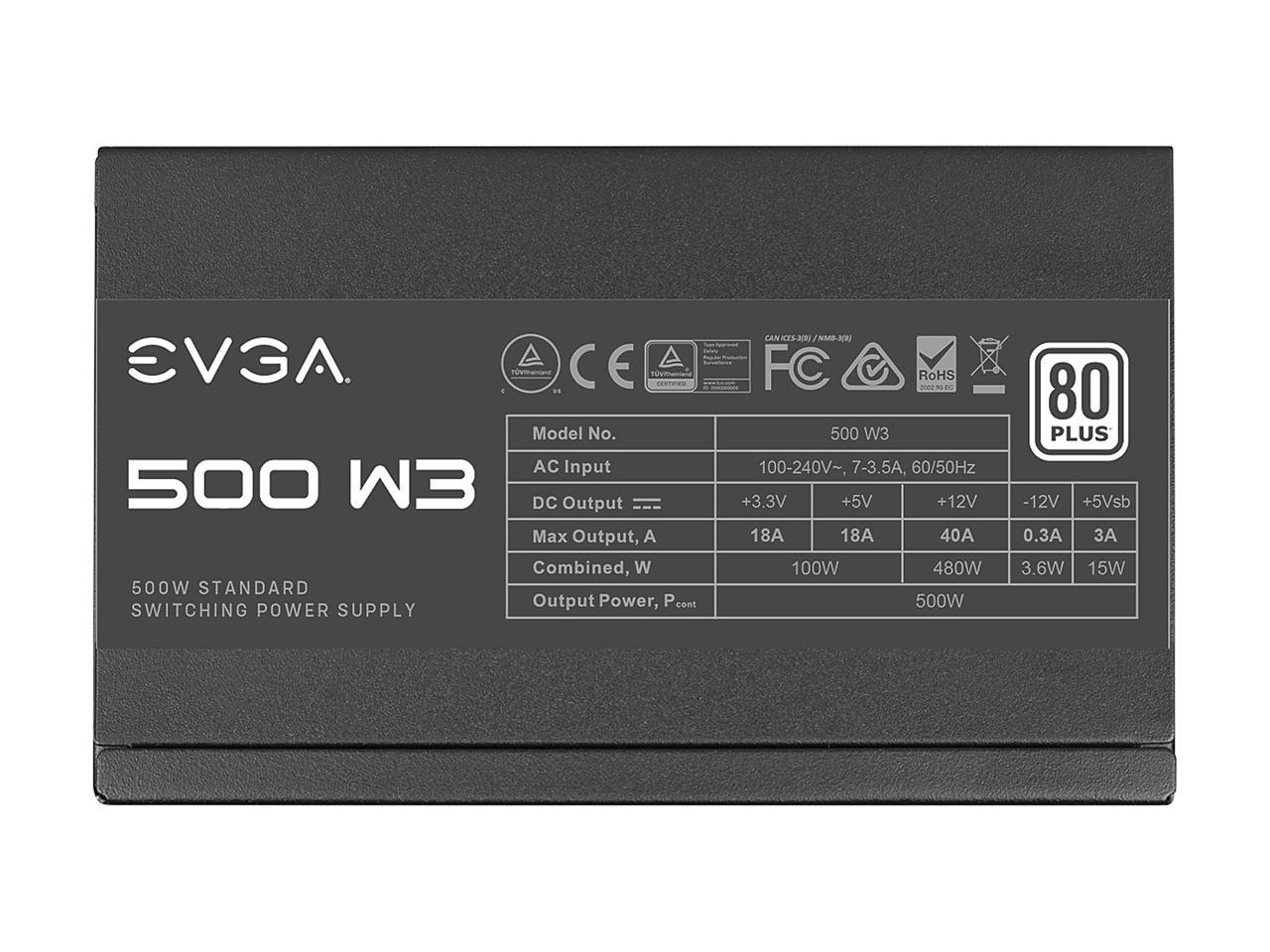 EVGA 500 W3, 80+ 500W, Compact 140mm Size, Non-Modular Active PFC Power Supply, 3 Year Warranty, 100-W3-0500-K1