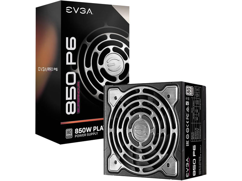 EVGA SuperNOVA 850 P6, 80 Plus Platinum 850W, Fully Modular, Eco Mode with FDB Fan, 10 Year Warranty, Includes Power ON Self Tester, Compact 140mm Size, Power Supply 220-P6-0850-X1