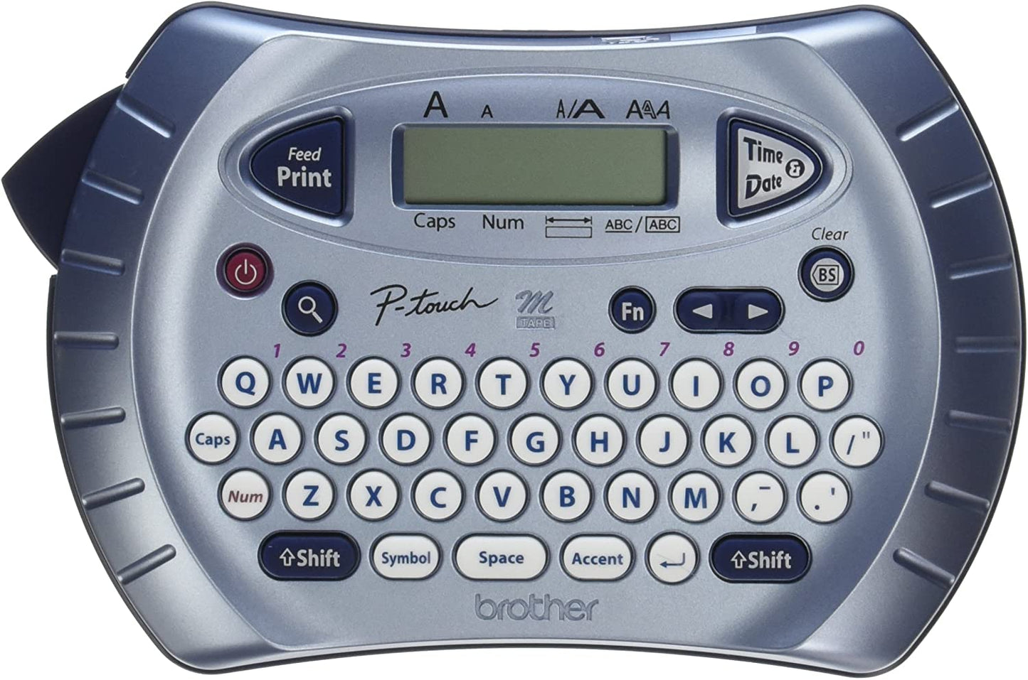 Brother PT70BM Personal Handheld Direct Thermal Labeler, QWERTY Keyboard, 230 dpi, Manual Cutter, Silver/Blue