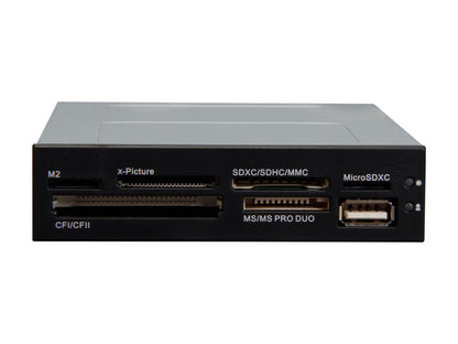 StarTech 35FCREADBK3 Supports CompactFlash type I/ II, SD/ miniSD/ microSD/ SDHC/ SDXC, MMC/ RS-MMC/ HS-MMC/ MMCmobile/ MMCplus/ MMCmicro/ HC-MMC, MemoryStick, and xD Picture card. 22-in-1 Card Reader
