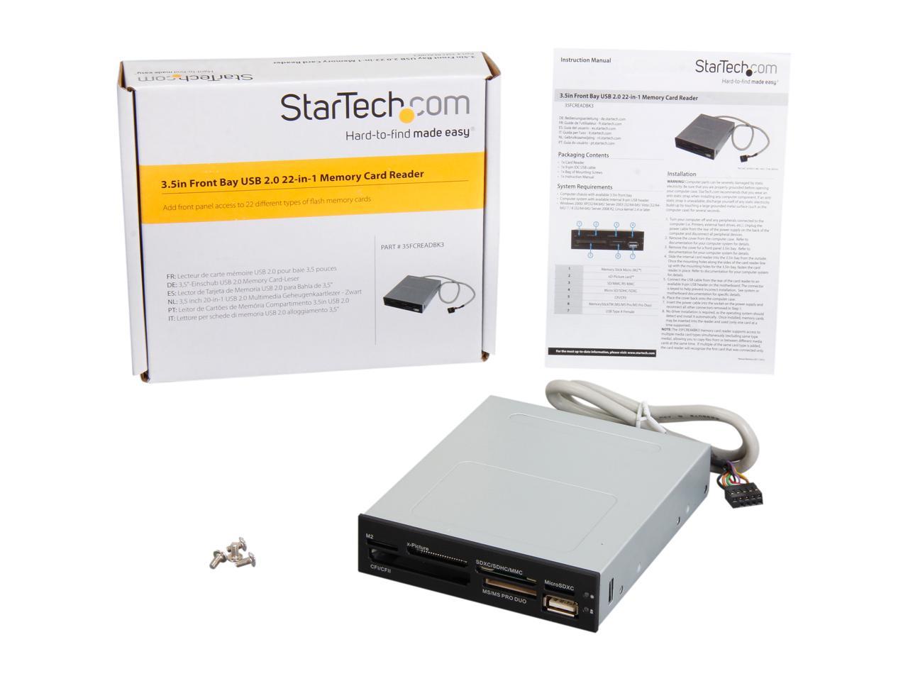 StarTech 35FCREADBK3 Supports CompactFlash type I/ II, SD/ miniSD/ microSD/ SDHC/ SDXC, MMC/ RS-MMC/ HS-MMC/ MMCmobile/ MMCplus/ MMCmicro/ HC-MMC, MemoryStick, and xD Picture card. 22-in-1 Card Reader