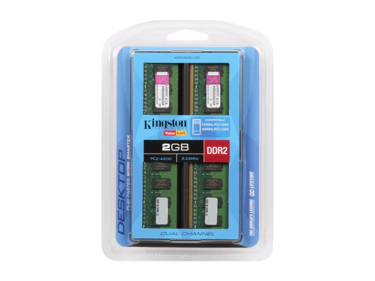 Kingston ValueRAM 2GB (2 x 1GB) 240-Pin DDR2 SDRAM DDR2 533 (PC2 4200) Dual Channel Kit Desktop Memory Model KVR533D2K2/2GR